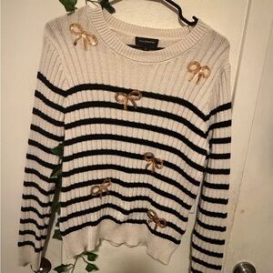 Calvin Klein Cream & Navy Striped Bow-Embellished Crew Neck Sweater